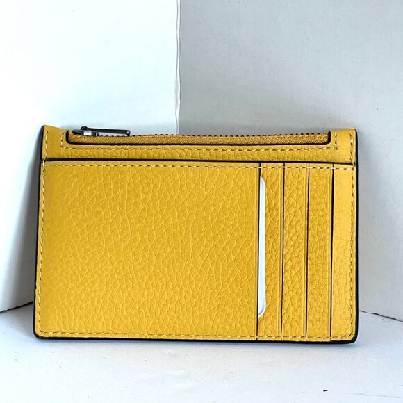 Coach Zip Card Case Wallet Mens Yellow Pebbled Leather Slim Trompe L'oeil CH130 - Picture 2 of 6